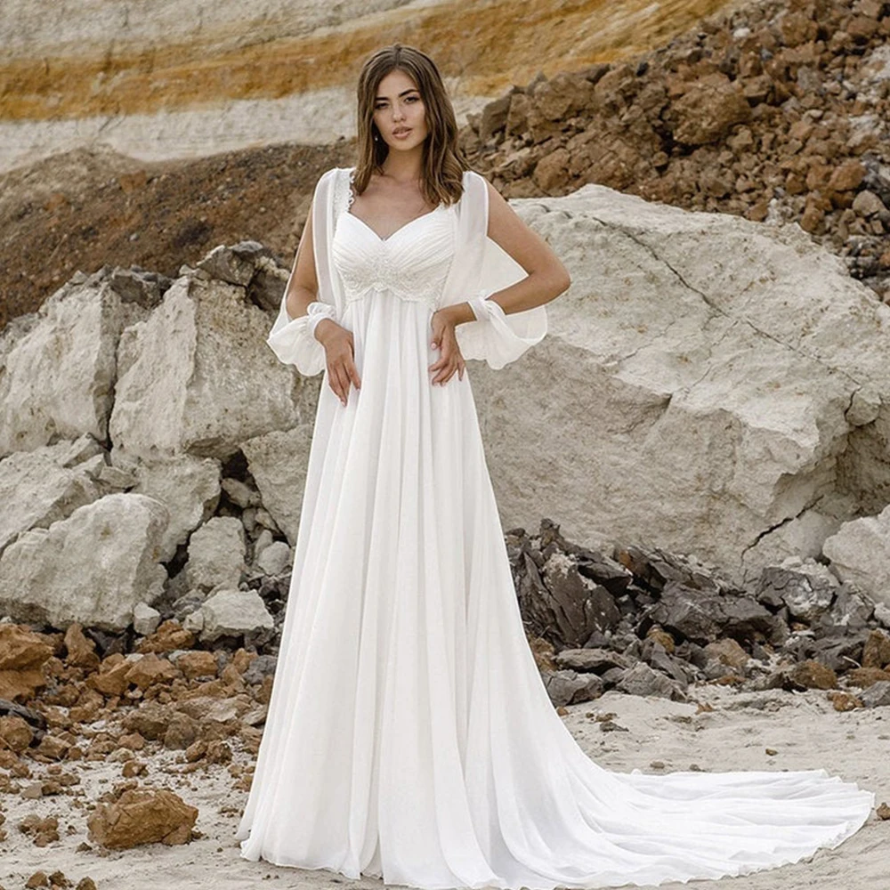 

Beach Wedding Dresses for Pregnant Women V-Neck High Waist Long Sleeve Chiffon Maternity Bridal Wedding Gown 2021 robe de mariée