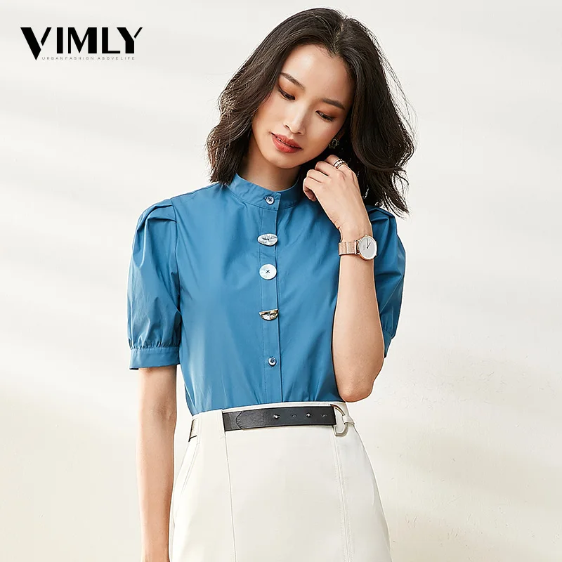 Vimly женская синяя блузка со стоячим воротником и пышными рукавами элегантная