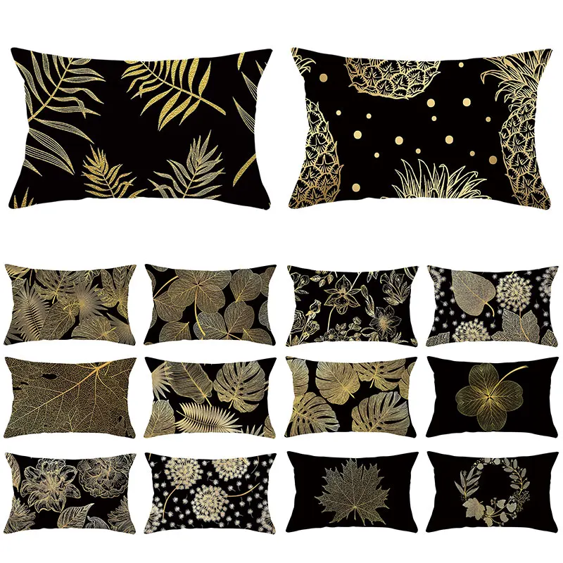 

Black Gold Leaf Printed Pillow Cover 30x50cm Car Sofa Throw Pillow Case Modern Simplicity Waist Cushion Covers Home Pillowslip