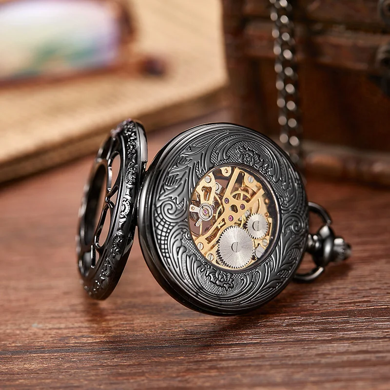 Hand-winding Mechanical Pocket Watch Men Women Fashion Roman Numerals Wood Hollow Fob Chain Steampunk Clock Skeleton Watch