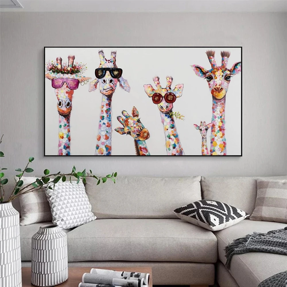 

Colorful giraffe family wearing glasses graffiti art print on canvas painting kids room wall picture home decoration poster