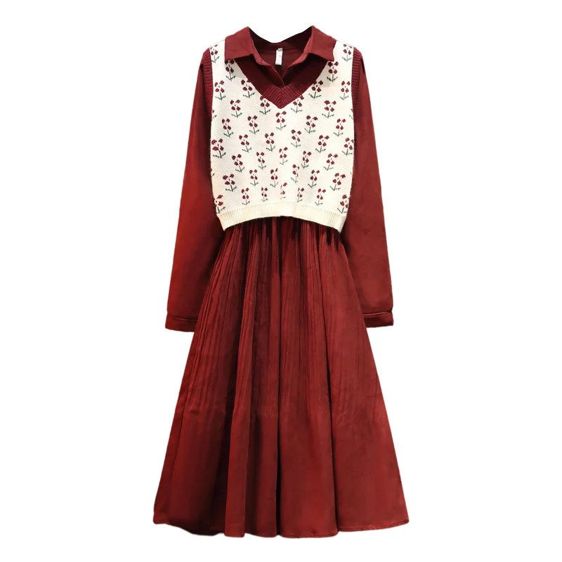 Женское платье-трапеция с жилетом и пуговицами однотонное элегантное вечернее