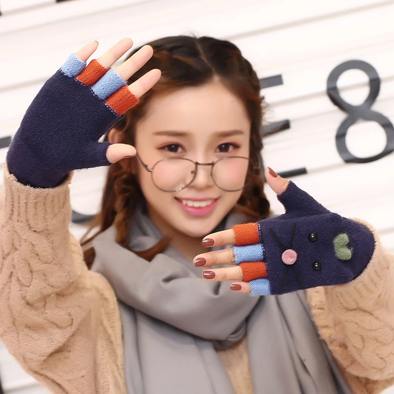 Новинка 2017 стильные женские перчатки без пальцев с милым котом зимние