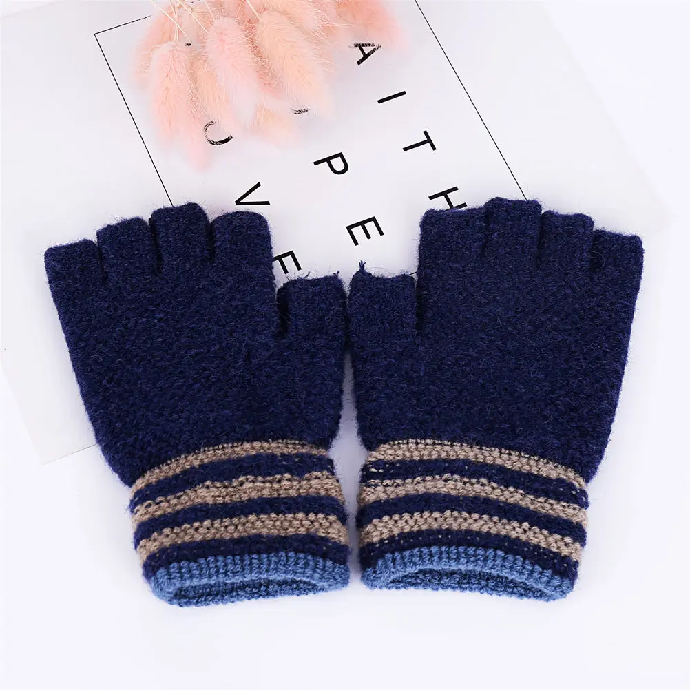 Navy blue Зимние женские перчатки без пальцев, с помпоном, теплые, утепленные, вязаные, вязанные, с набивкой, Guantes, плюшевые, Handschoenen - Цвет: Navy blue