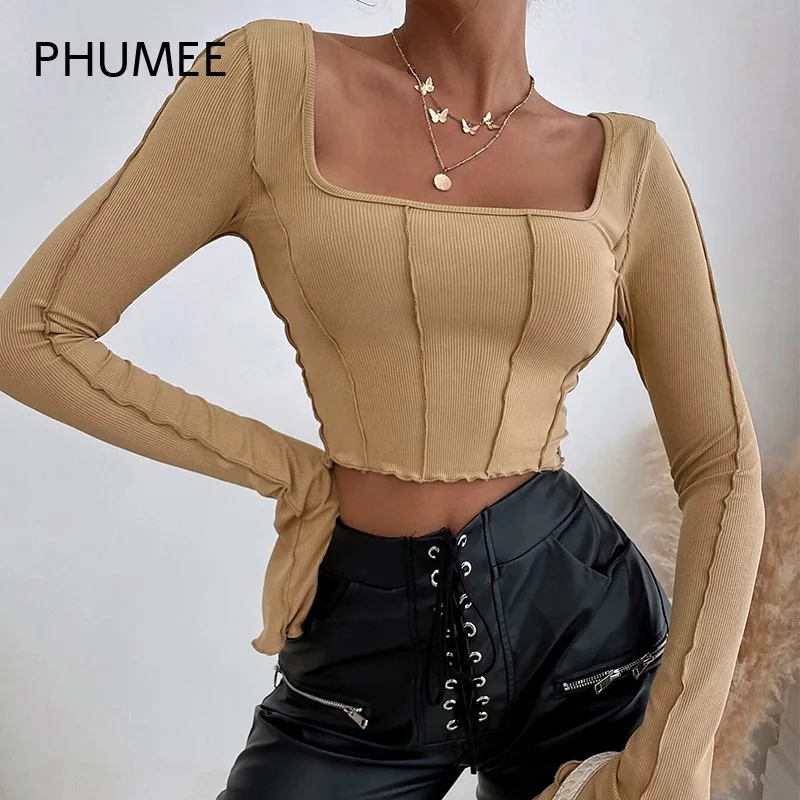 

Spring Fall Women Y2K Square Collar Flare Long Sleeve Tie Crop Top Khaki Vintage Grunge Trim Backless Skinny Tee Shirt Lady 2022