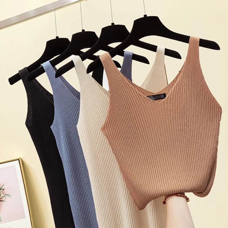 

Short Tank Top Women V-Neck Sleeveless Thin Knitted Female Tops Slime Elasticity Summer Clothes 2021 Womens Clothing Haut Femme