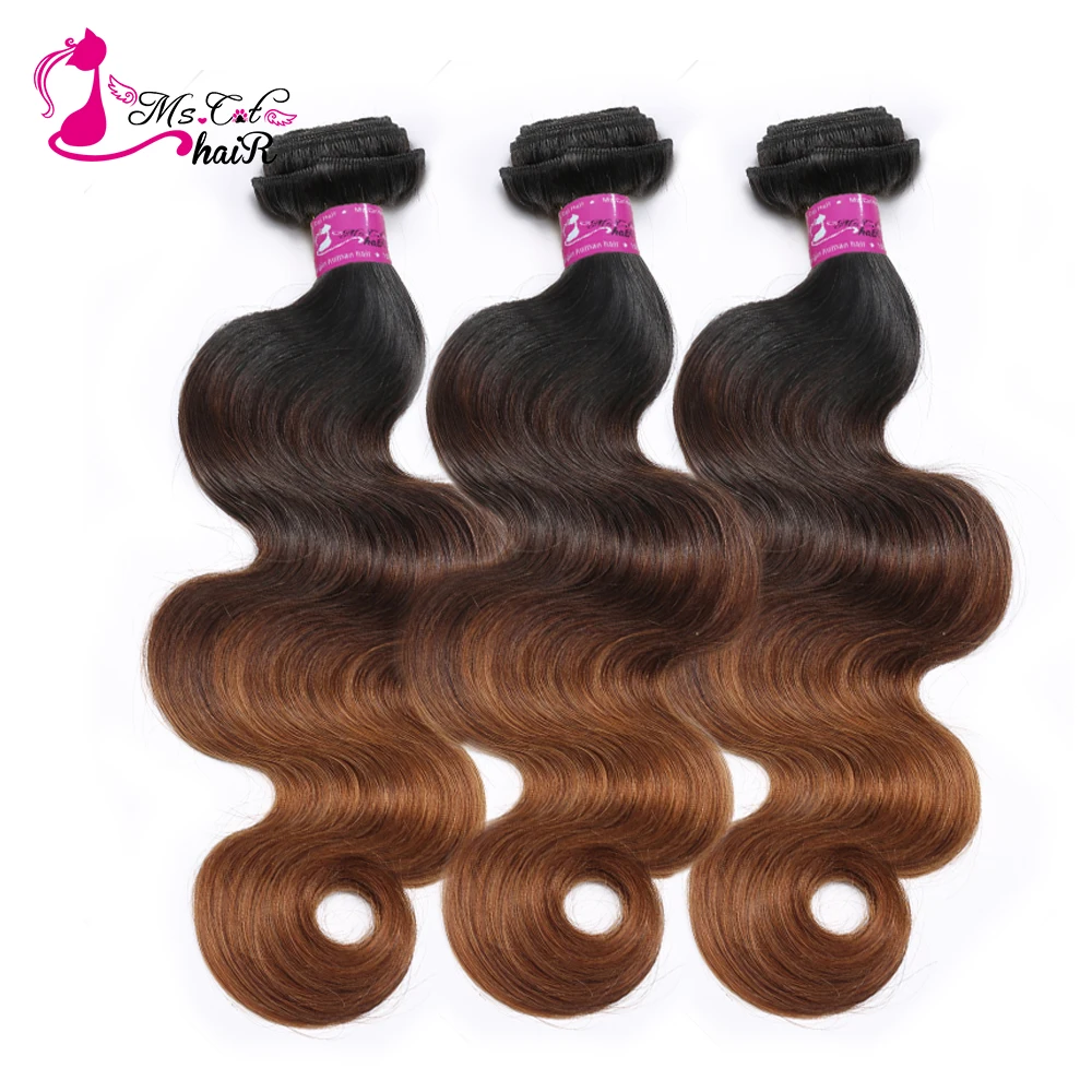 Ms Cat Hair Ombre Человеческие Волосы Объемная Волна 3 Пучки Реми Волос T1B / 4/30 Три Тона Ombre Бразильские Пучки Волос Волос Бесплатно