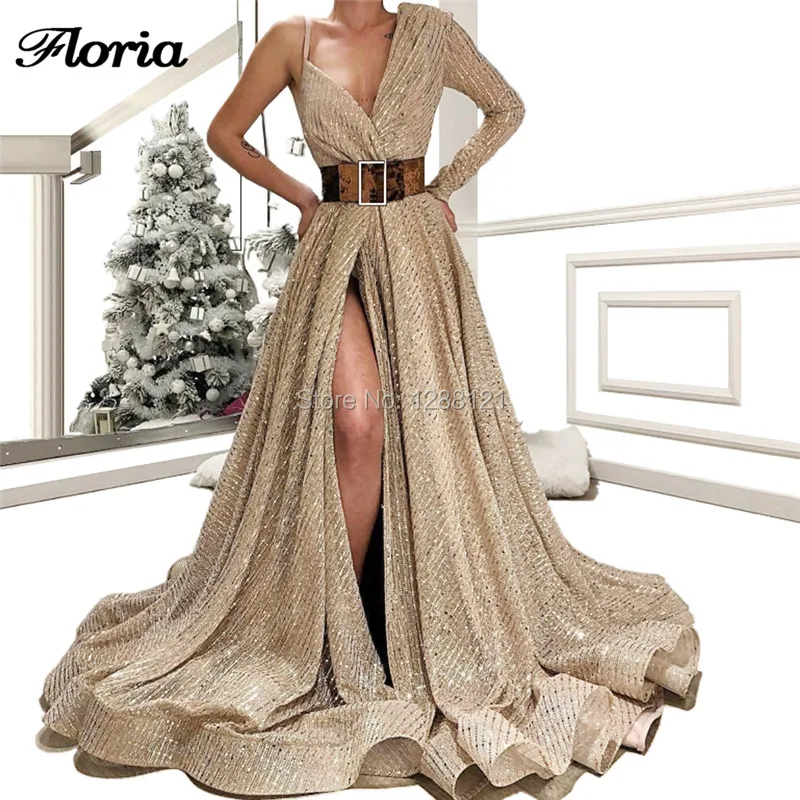 Bling Dubai Long Evening Dresses One Shoulder 2019 Couture Islamic Prom Dress With belt Split Side kaftans Arabic Party Gowns | Свадьбы и