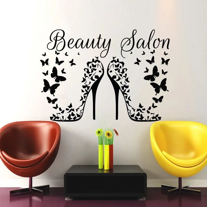 

Creative Design Beauty Salon Wall Sticker Abstract High Heels Butterfly Decals Vinyl Interior Art Decoration Makeup Murals S271