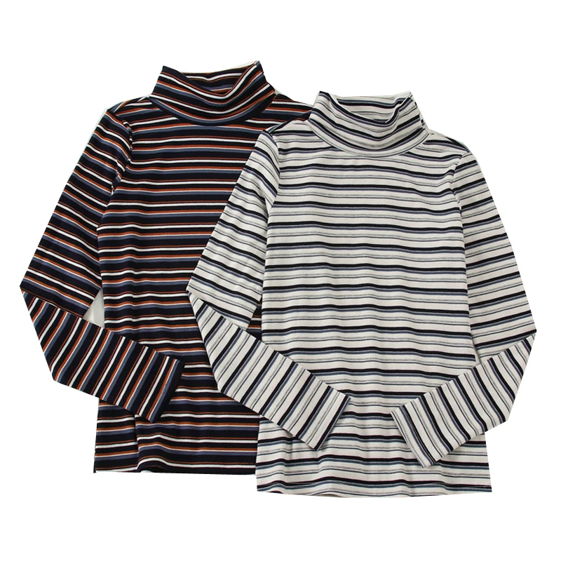 

Turtleneck Slim Female T-shirts Striped Long Sleeve Tee Tops Women Tshirt Spring Autumn Woman T Shirt Streetwear Lady Tshirt Top