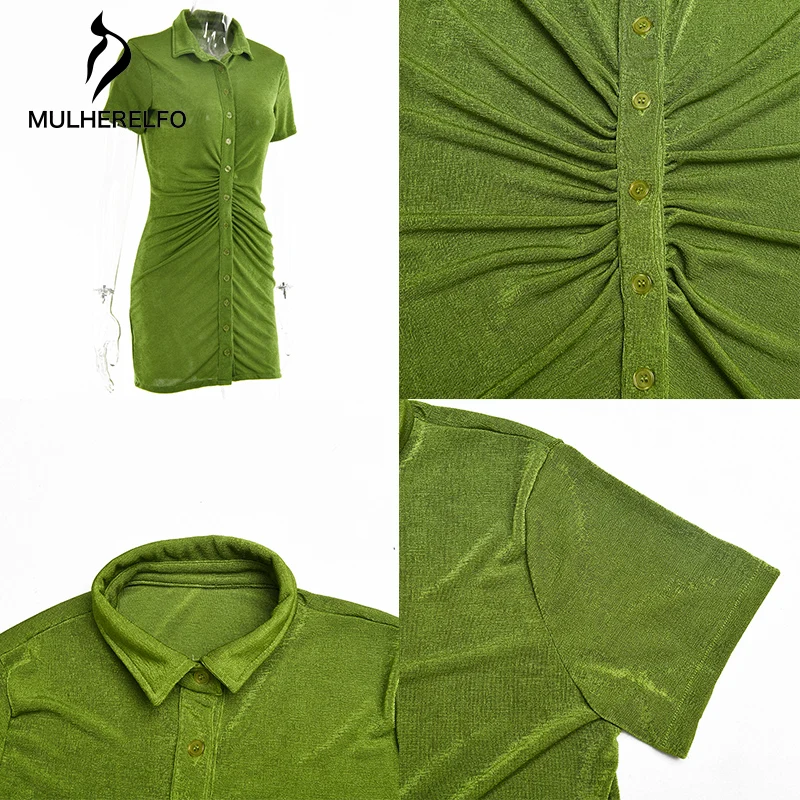

Vintage Elegant Green Cardigan Dress Women's Single-Breasted Polo Collar Sexy Skinny Dress Short Sleeve Street Shirt Dress Femme
