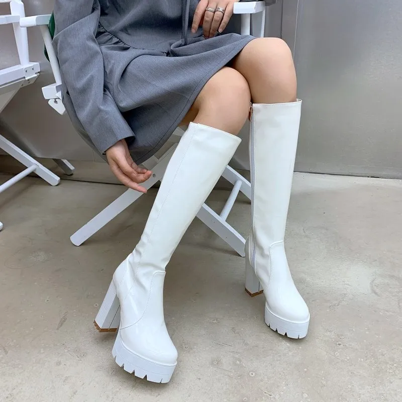 Сапоги женские из лакированной кожи высокие сапоги до колена на платформе