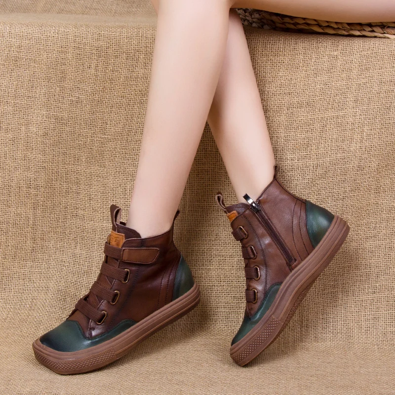 

Genuine Leather Women Boots Retro Shoes Mixed Colors Flat with 2022 New Autumn Winter Concise Square Toe Ladies Warm Boots Mujer