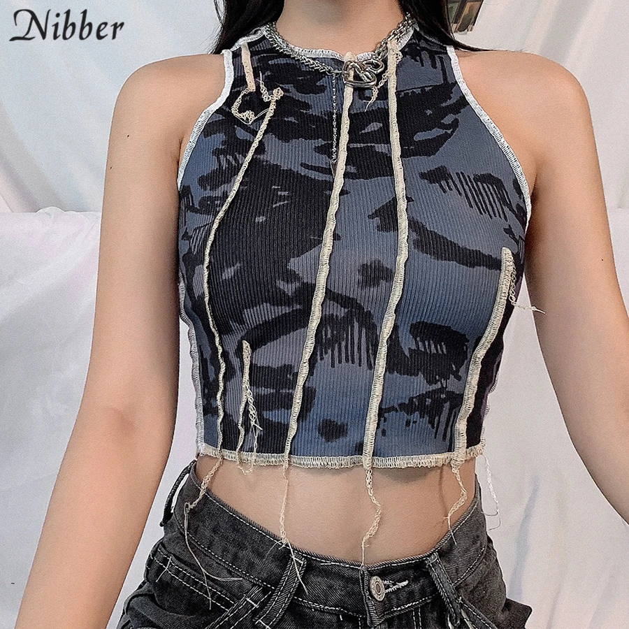 

Nibber bodycon Tie-dye casual tank top female Gothic street Patchwork camisole summer club sleeveless knitting crop tops femme