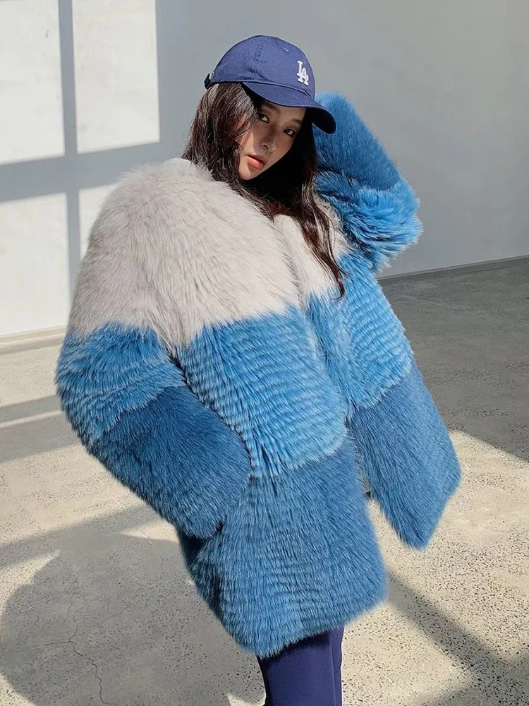 New Arrival Women Winter Fur Strip Sewed Toghter Real Fox Fur Long Jacket Female Outerwear Coat Length 80cm