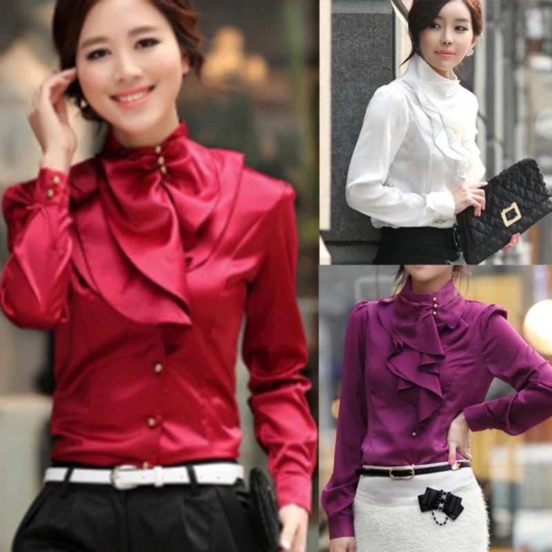 

2020 Autumn New Arrival High Quality Korean Stand Collar Ruffles Long Sleeve Woman Chiffon Blouse Hot Sale