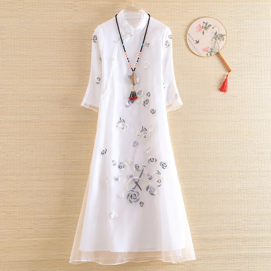 Женское шифоновое платье в этническом стиле с вышивкой и рукавом 3/4 | Женская