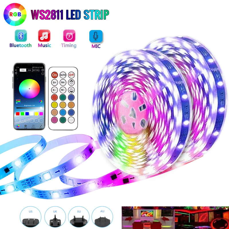 

Светодиодная лента WS2811 Rgb для декора помещений, Светодиодная лента Dream Color с Bluetooth контроллером, Диодная гибкая лента с адаптером питания 5-20 м