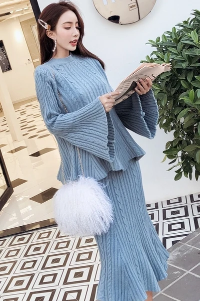 2019 новый вязаный свитер с длинным рукавом спортивный костюм костюмы юбкой Для