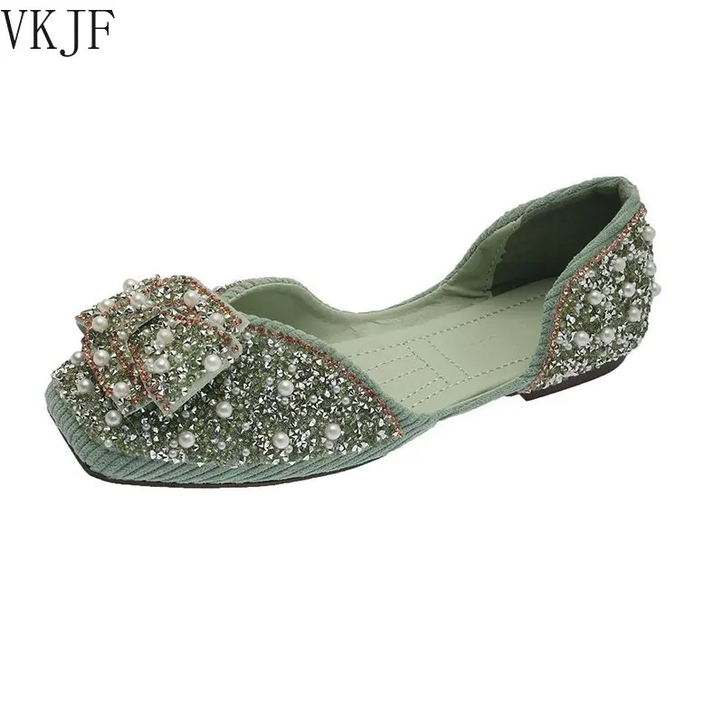 

Балетное платье с блестками, женские туфли с бантом, жемчужные стразы, украшения на плоской подошве, квадратный носок, лето женские туфли на ...