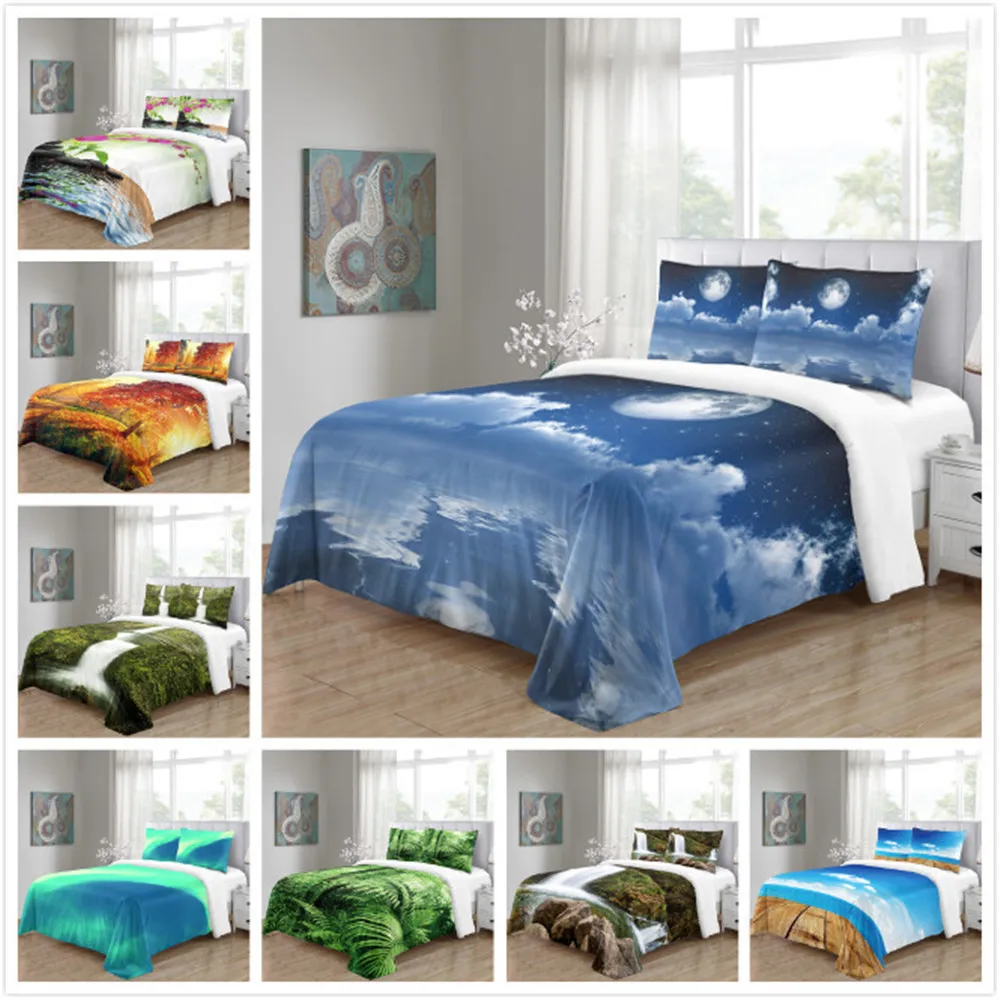 

3D Scenery Flower Tree Printed Three -piece Suit Landscape Bedding Sets Home Decoration Duvet Cover Pillowcase