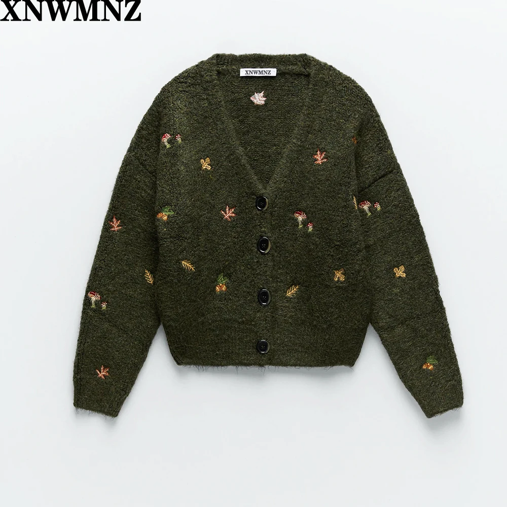

XNWMNZ Za women Vintage knit cardigan with embroidery Long sleeves V-neck ribbed trims Cardigan Female Elegant sweater Outerwear