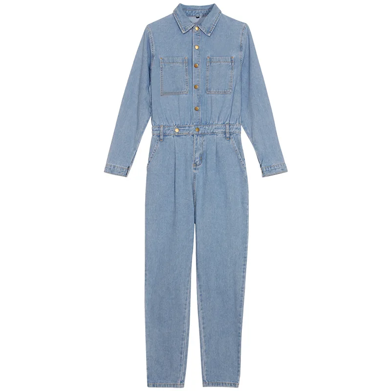 

Fashion Blue High Waist Denim Jumpsuit Newest spring Autumn Women Single-Breasted Long Sleeve Loose Cowboy Rompers Female