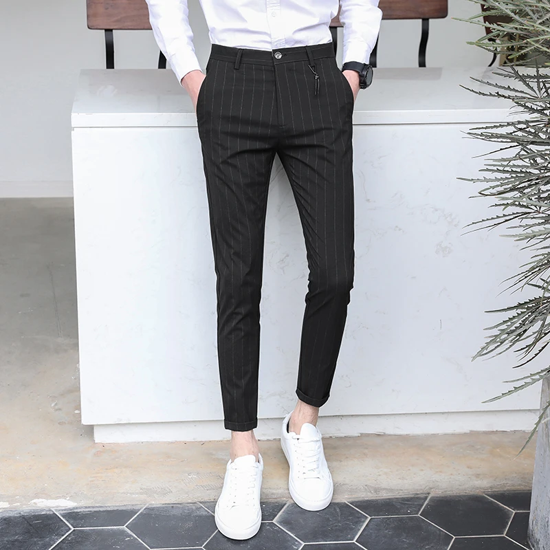Summer Pinstripe Elegant Classic Grey Cropped Pants Slim Fit Black Work Social Suit Pants Black Party Wedding Fashion Trousers
