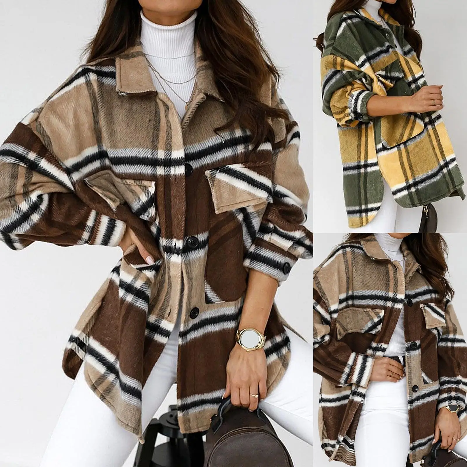 

Women Turn Down Collar Oversize Long Sleeve Pockets Single-breasted Plaid Jacket Woolen Coat Cardigan Outwear