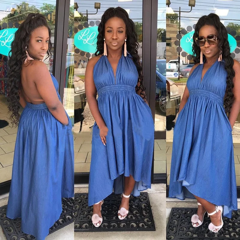 

The New Summer 2021 Fashion Women's Elegant Girly Soft Denim Deep V Tie Neck Bareback Dress Street Youth Asymmetrical Dress