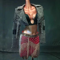 punk rivets chain tassel female singer costume women jacket bra skirt stage performance wear nightclub party clothing set