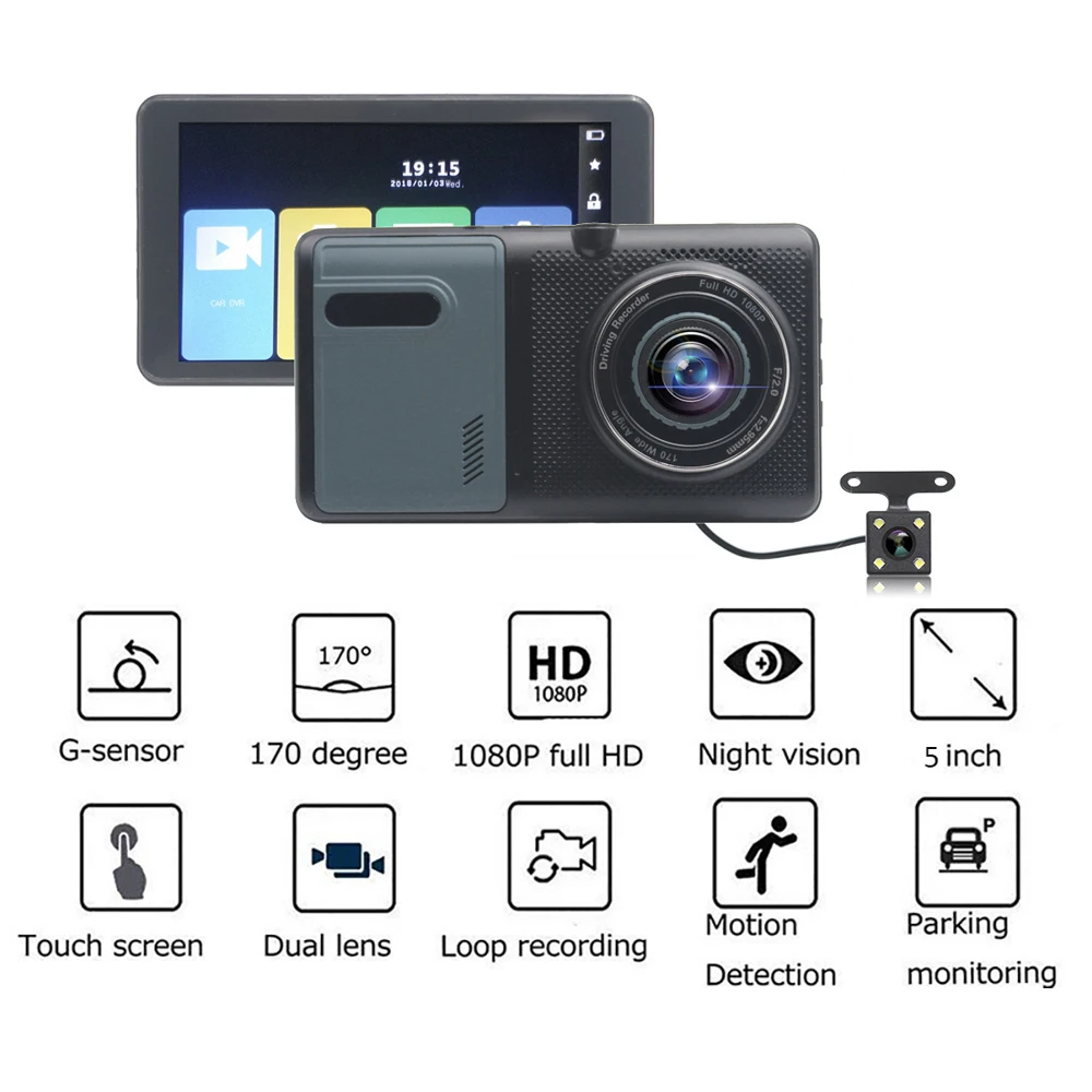 

Car DVR 5.0" Touch Screen Full HD 1080P Dual Lens Rear View Dash Cam Camera Video Recorder Monitor Motion Detector Car Camcorder