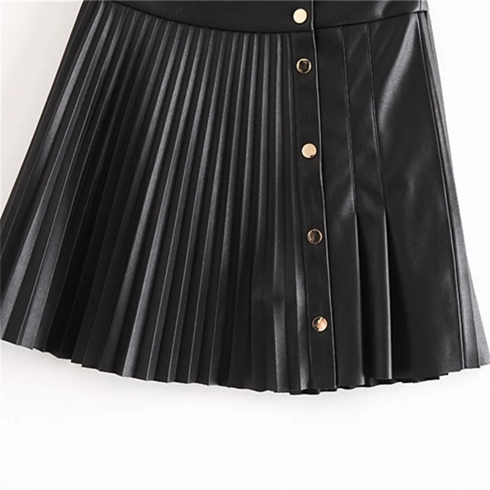 

2020 autumn women's new retro high waist slimming faux leather pleated skirt front metal breasted mini skirt