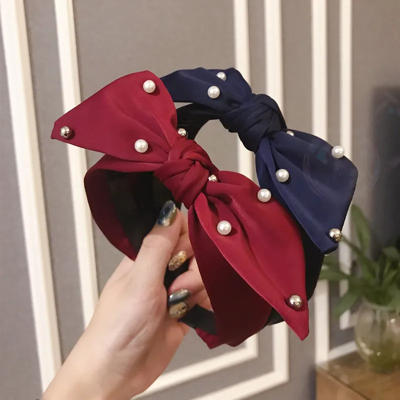 

H:HYDE Fashion однотонные аксессуары для волос повязка на голову с жемчугом и большим бантом, ободок для волос, нескользящий ободок для волос с зуб...