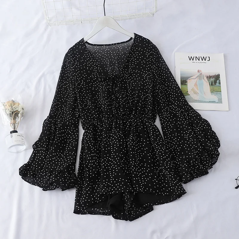 

Women Autumn Rompers With Saches Polka Dot Playsuit Women Flare Sleeve Holiday Beach Fairy Playsuit Women Autumn