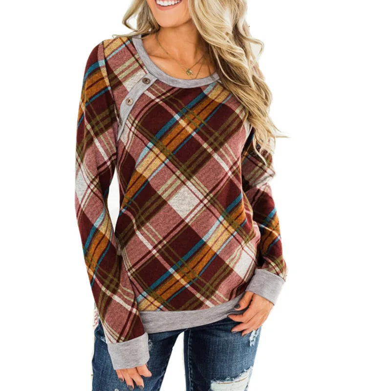 

Женская клетчатая футболка с длинным рукавом и круглым вырезом, новинка осень-зима 2021, Женский Универсальный Повседневный Топ Wm *