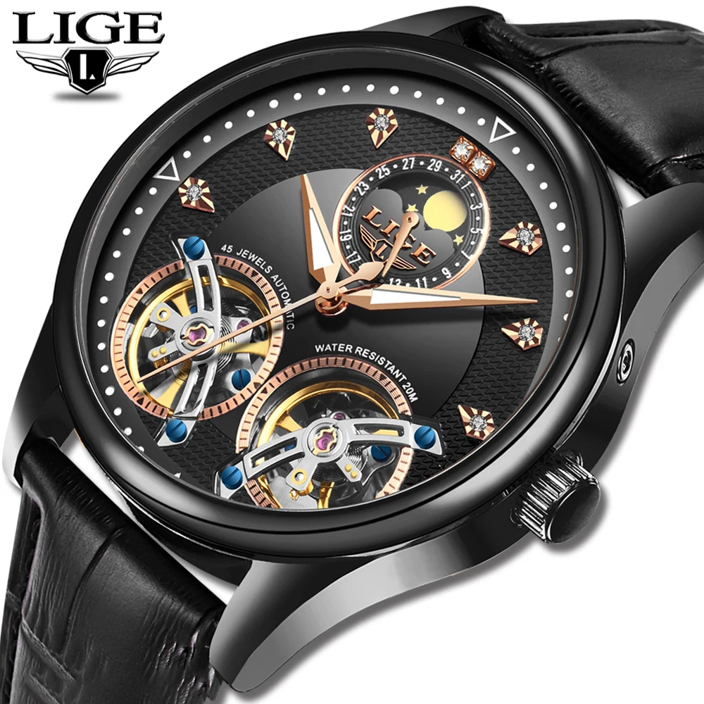 2020 LIGE Мужские часы механические Tourbillon Роскошные модные брендовые кожаные