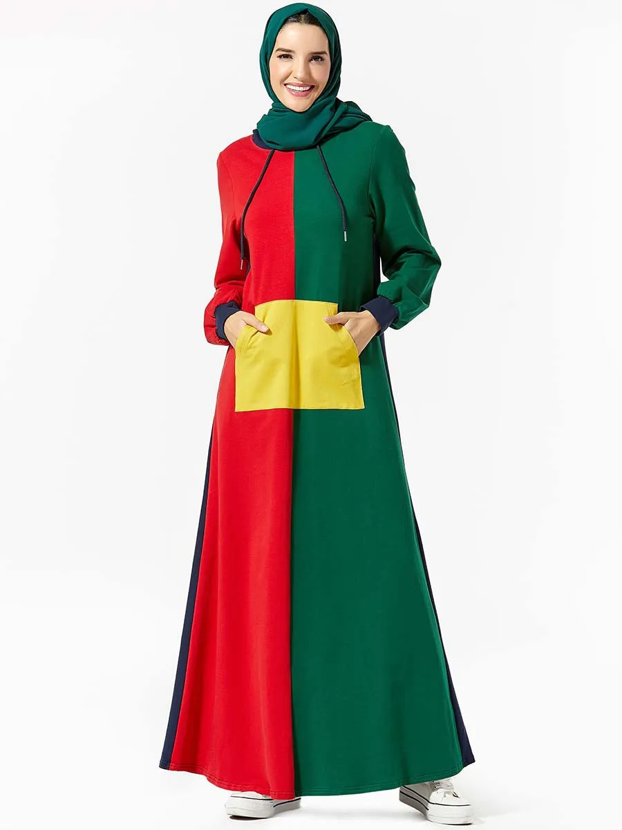 Мусульманская одежда лоскутное длинное платье с длинным рукавом и карманом