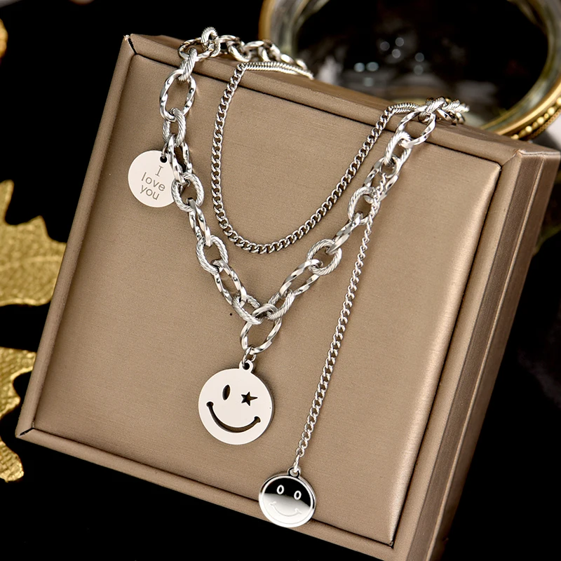 

316L stainless steel round brand smiley face double collarbone hip-hop street trend thick accessories personality necklace