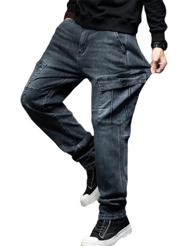 High Waist Jeans Men Stretched Loose Straight Tall Man Denim Trousers Elastic Jeans  Straight Loose Pants