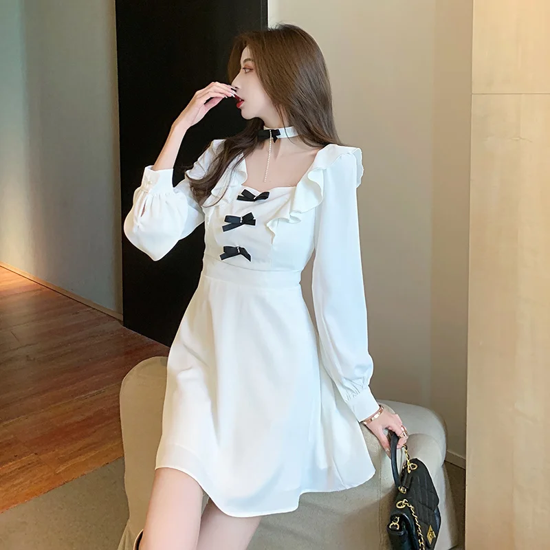

Dress Women's Autumn Clothing 2021new French Style Design Niche Slim Fit Square Collar Bow Fairy Dress