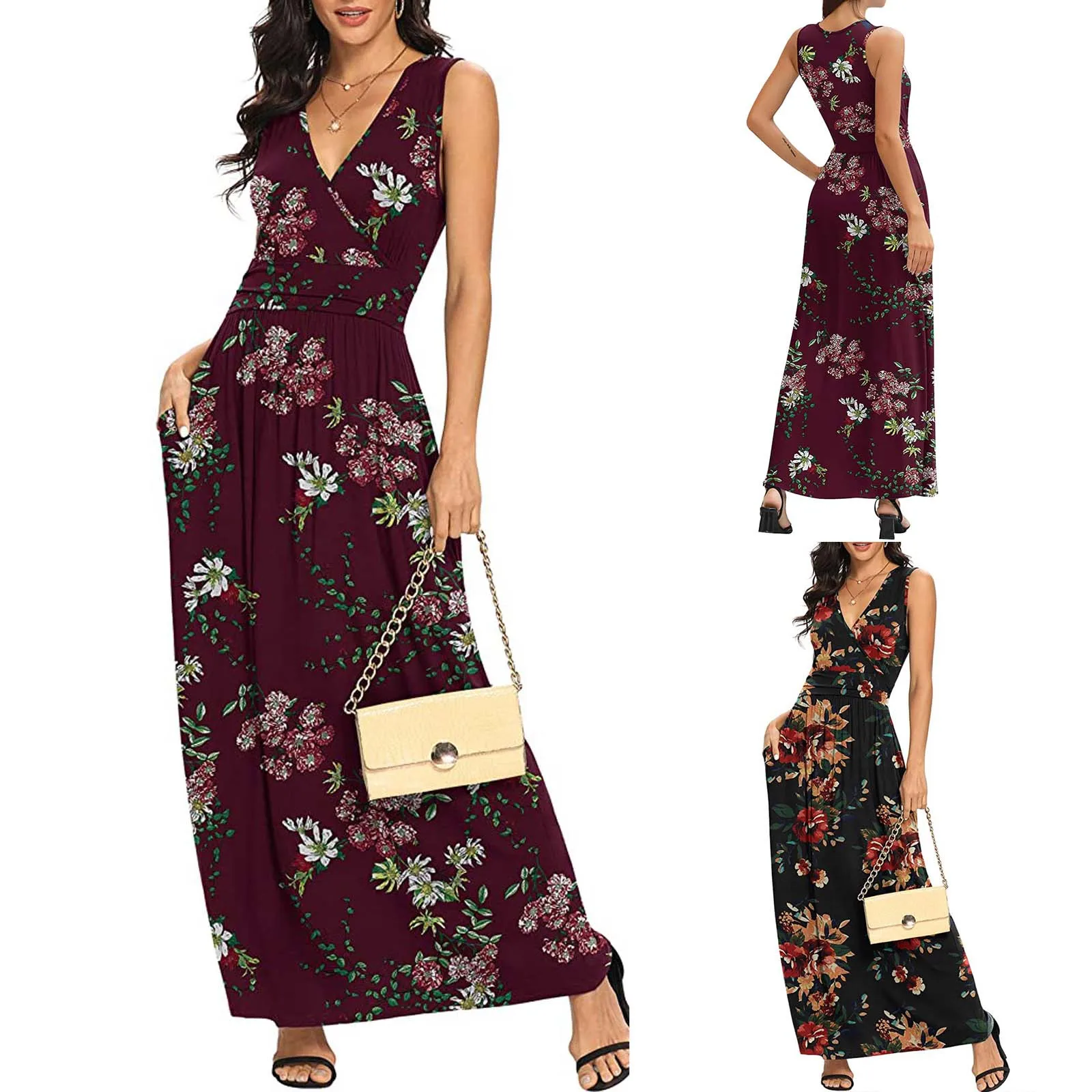 

Printed waist short V-neck sleeve less long dress women's summer comfort women's wear European and American beach skirt SAGACE