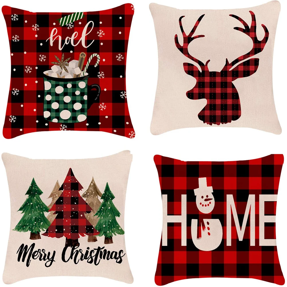 

4 шт. рождественские наволочки 45x45 см красная и черная клетчатая декоративная наволочка с рисунком буйвола и снеговика наволочка