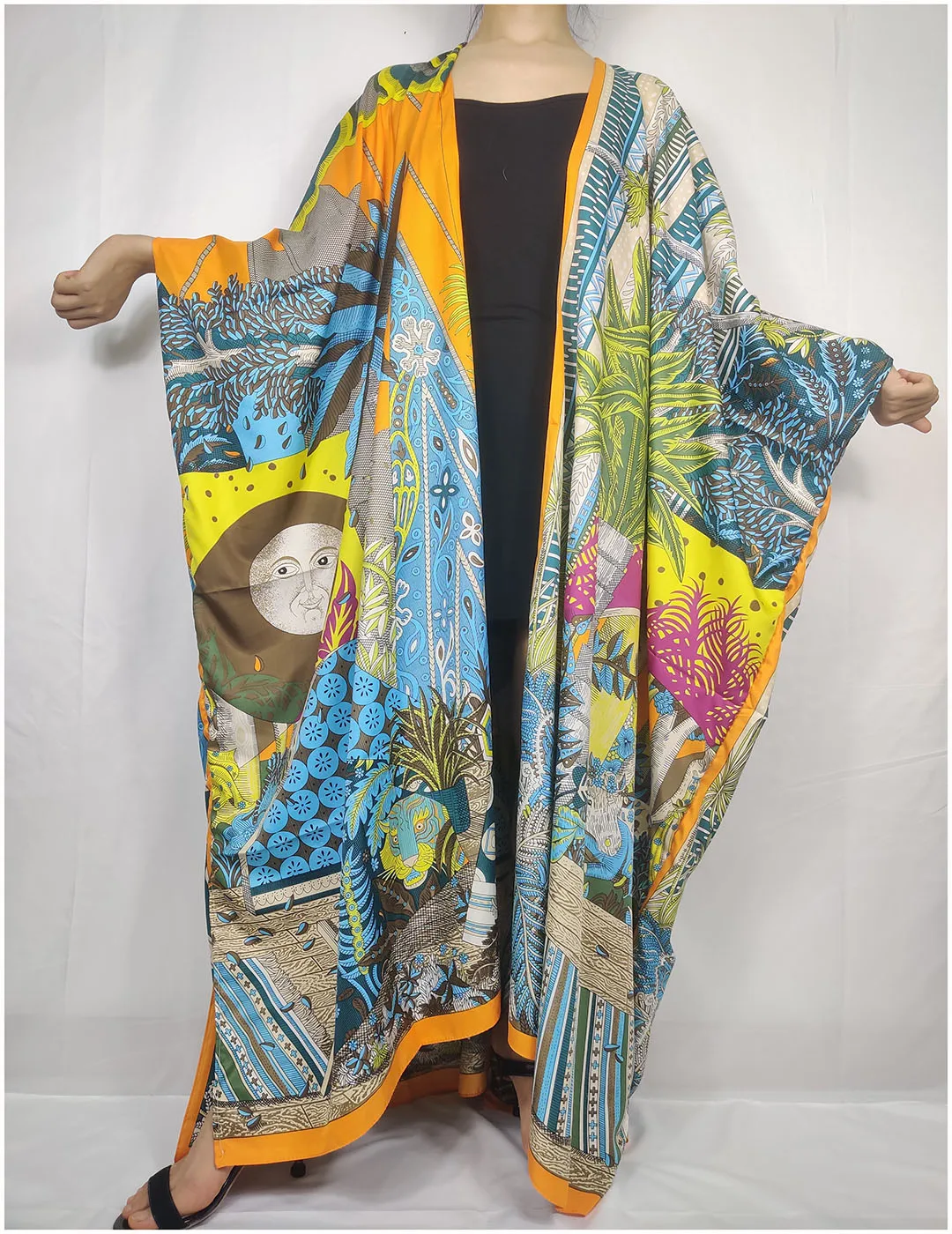 Muslim Abaya Bright Floral Silk Long Cardigan Kimono For Women Casual Summer Beach Swimwear Caftan Cover Up Kimonos For Lady