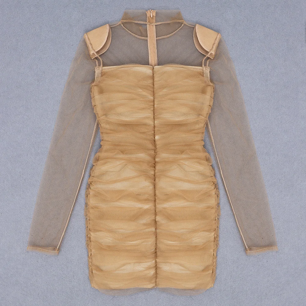 

2020 New Fashion Bandage Dresses Long Sleeve Turtleneck Party Dresses Bodycon Women Dress Sexy See-through Shining Dresses Black