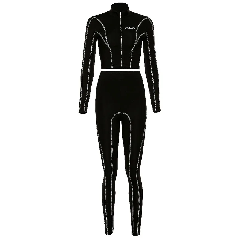 

92S1735597 Summer fashion new women's versatile striped reflective embossed slim fit sports suit 2-piece set