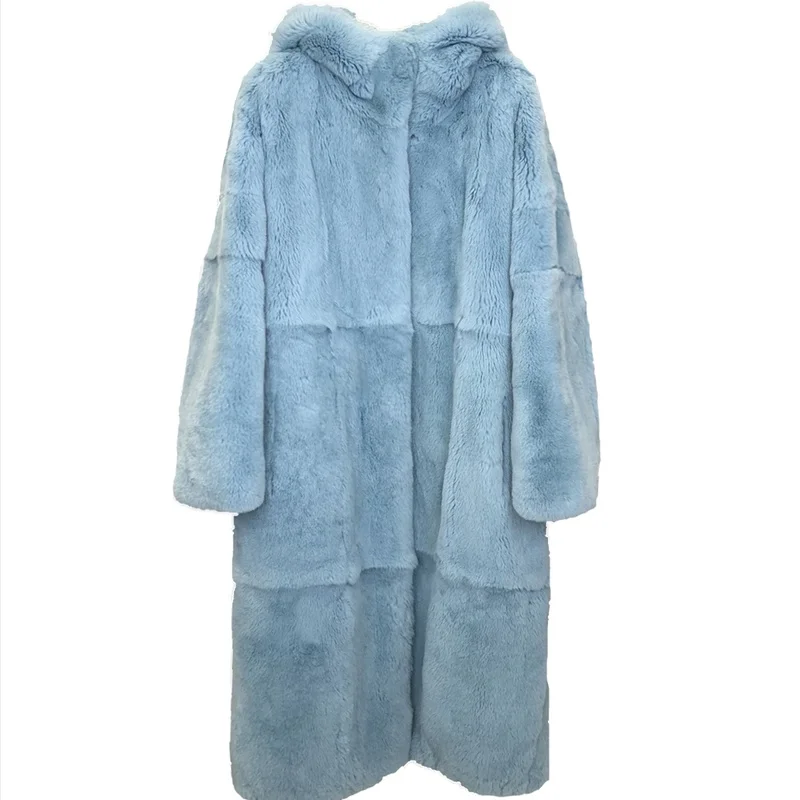 

Winter 2021 Blue Real Mink Fur Coat With Hood Women Natural Full Pelt Rex Rabbit Fur Long Jackets Plus Size Overcoats Fur Coats