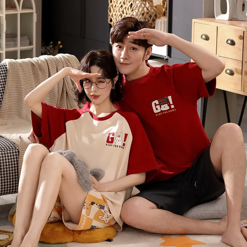 

Summer Couple Pajamas For Lovers Knitted Cotton Women Pyjamas Sleepwear loungewear Pijama Mujer Homewear Men Night Home Suits