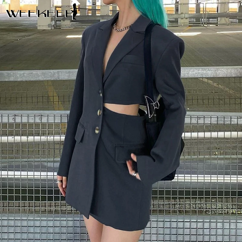 

Weekeep Fashion Streetwear Suit Coat Women Chic Hollow Out Long Sleeve Button Up Outerwear Autumn 2021 Korean Casual Black Coats