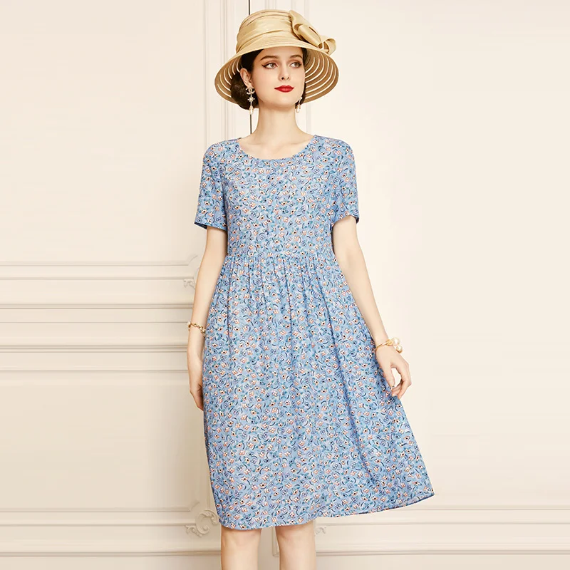 

SHZQ Blue Silk Dress 2021 New Round Neck Short Sleeve Fashion Mulberry Silk Skirt